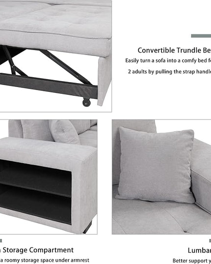 L Shaped Reversible Sleeper Sectional Sofa Pull Out Couch Bed with Storage Chaise Lounge and 2 Stools, Button Tufted Chenille Upholstered Convertible Pullout Sofabed for Living Room Office - LeafyLoom