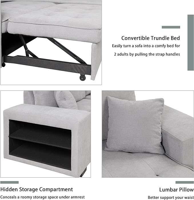 L Shaped Reversible Sleeper Sectional Sofa Pull Out Couch Bed with Storage Chaise Lounge and 2 Stools, Button Tufted Chenille Upholstered Convertible Pullout Sofabed for Living Room Office - LeafyLoom