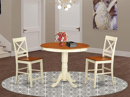 East West Furniture JAQU3-WHI-W 3 Piece Counter Height Dining Table Set Contains a Round Wooden Table with Pedestal and 2 Kitchen Dining Chairs, 36x36 Inch, Buttermilk & Cherry - LeafyLoom