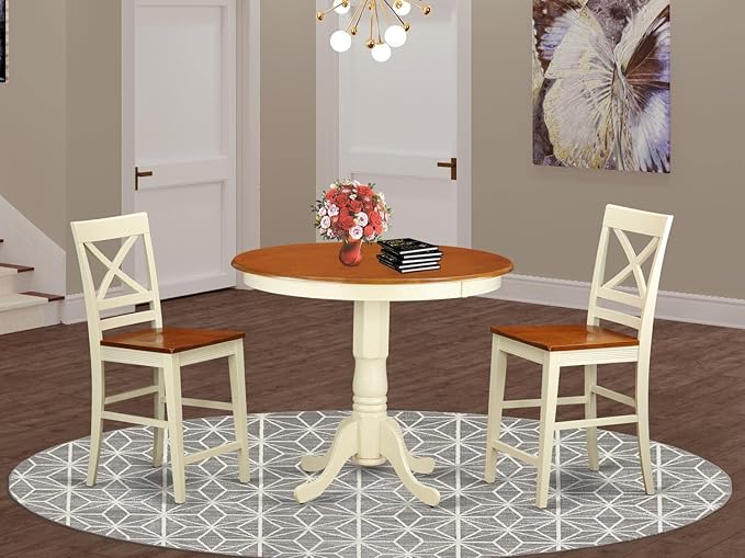 East West Furniture JAQU3-WHI-W 3 Piece Counter Height Dining Table Set Contains a Round Wooden Table with Pedestal and 2 Kitchen Dining Chairs, 36x36 Inch, Buttermilk & Cherry - LeafyLoom