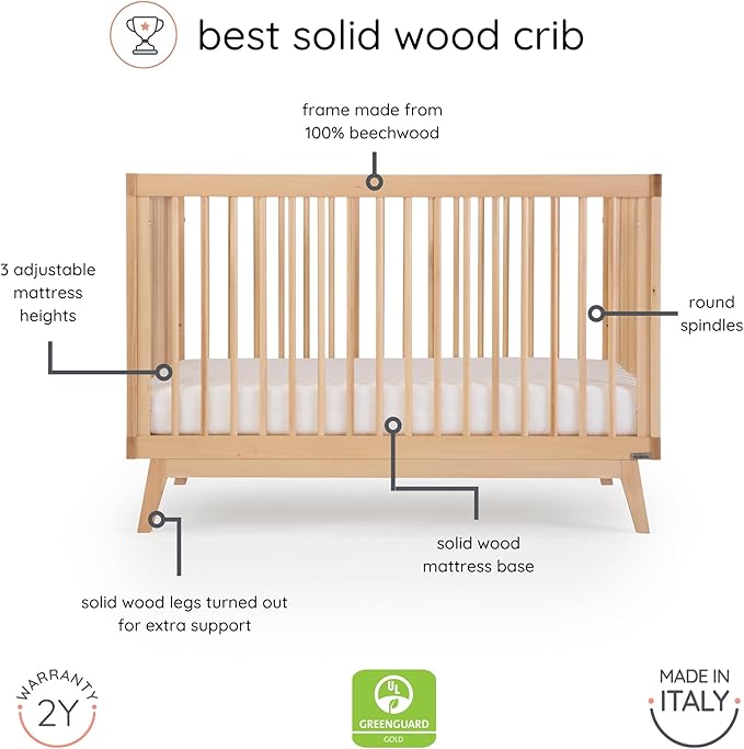 dadada Baby Soho 3-in-1 Convertible Crib to Toddler Bed – Wooden Crib Made in Italy, GREENGUARD Gold Certified Small Baby Crib – Baby-Safe Finish, Modern Design (Natural) - LeafyLoom
