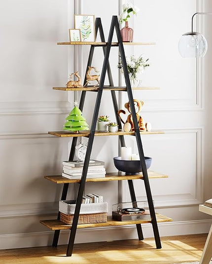 5-Tier Ladder Bookshelf, Industrial A-Shaped Bookcase, Christmas Village Display Stand, Tall Ladder Shelf Storage Organizer for Living Room, Home Office, Black - LeafyLoom