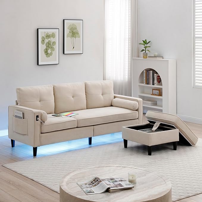 3 Seater L Shaped Convertible Sectional Sofa Couch with Reversible Chaise , Linen Upholstered Corner Sleeper Lounge Sofá with 2 USB Ports and LED Lights ,Storage for Small Space Living Room Apartment - LeafyLoom