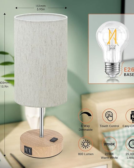 Table Lamps Set of 2 Touch Control, 2 USB Charging Ports&AC Outlet, 3-Way Dimmable Bedside Nightstand Lamp with Flaxen Fabric Shade and Wooden Base for Bedroom, 2-Pack A19 LED Bulbs Included - LeafyLoom