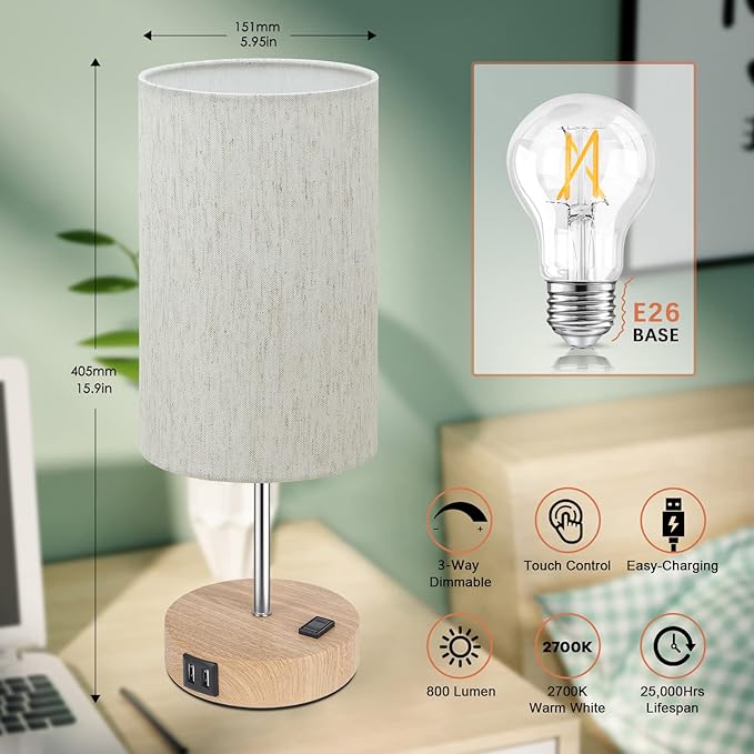 Table Lamps Set of 2 Touch Control, 2 USB Charging Ports&AC Outlet, 3-Way Dimmable Bedside Nightstand Lamp with Flaxen Fabric Shade and Wooden Base for Bedroom, 2-Pack A19 LED Bulbs Included - LeafyLoom