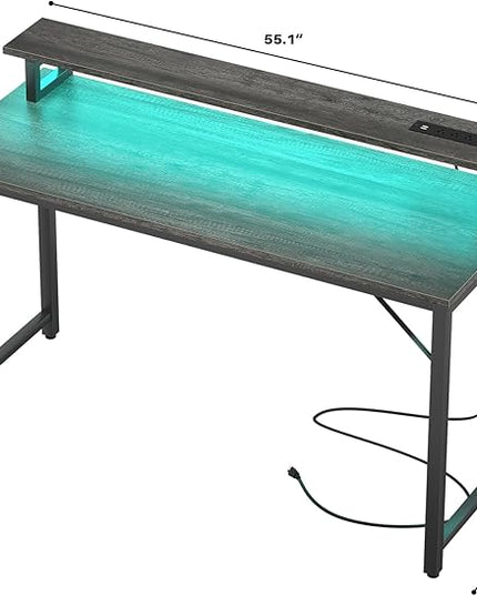 Computer Desk with USB Power Outlets and LED Lights, 55 inch Gaming desk with Monitor Stand for Small Space Home Office, Modern Simple Study Writing Table PC Desks, Black Oak - LeafyLoom