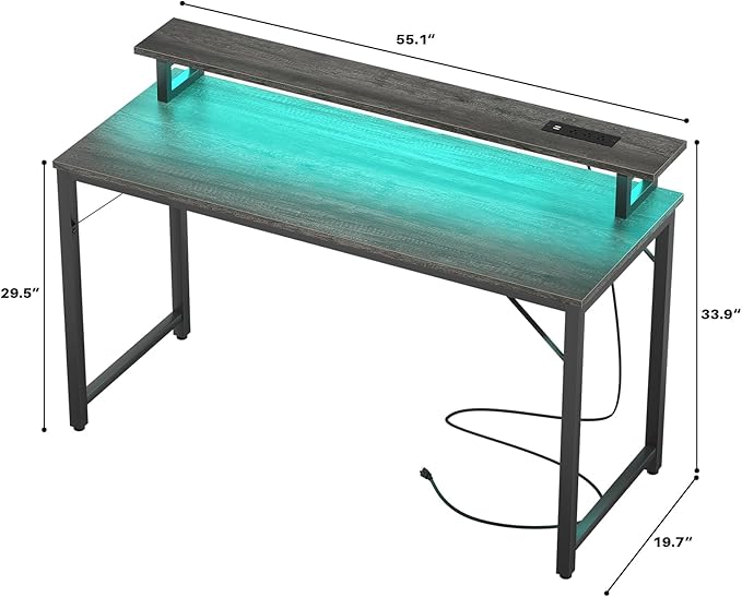 Computer Desk with USB Power Outlets and LED Lights, 55 inch Gaming desk with Monitor Stand for Small Space Home Office, Modern Simple Study Writing Table PC Desks, Black Oak - LeafyLoom