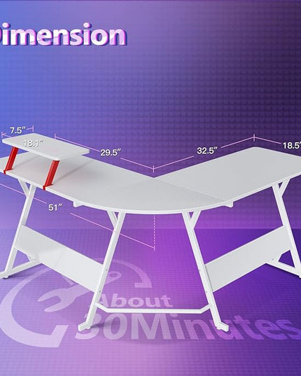 MOTPK White Gaming Desk L Shaped, Gamer Desk Gaming Table with Carbon Fiber Surface, Corner Computer Desk L Shape with Cup Holder & Headphone Hook, 51 Inch - LeafyLoom