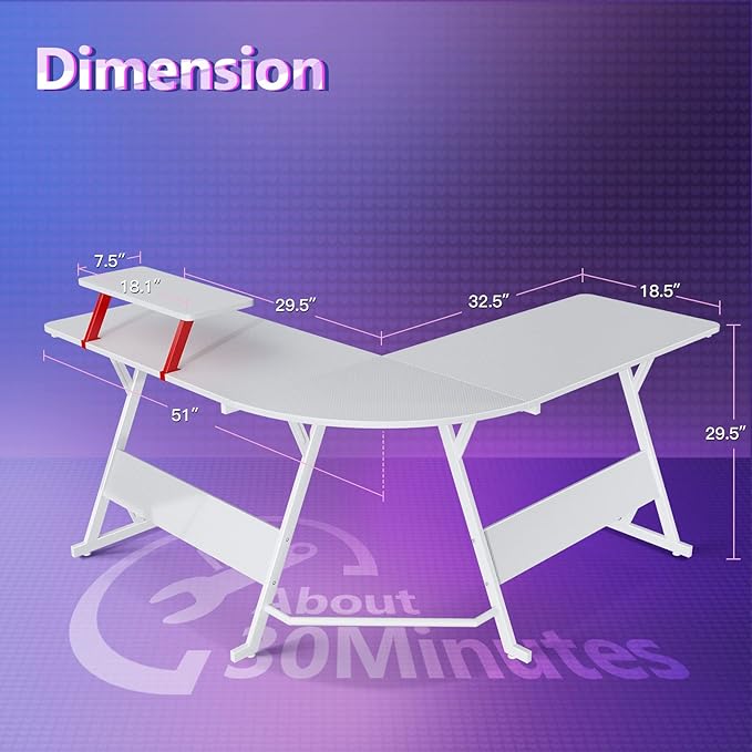 MOTPK White Gaming Desk L Shaped, Gamer Desk Gaming Table with Carbon Fiber Surface, Corner Computer Desk L Shape with Cup Holder & Headphone Hook, 51 Inch - LeafyLoom