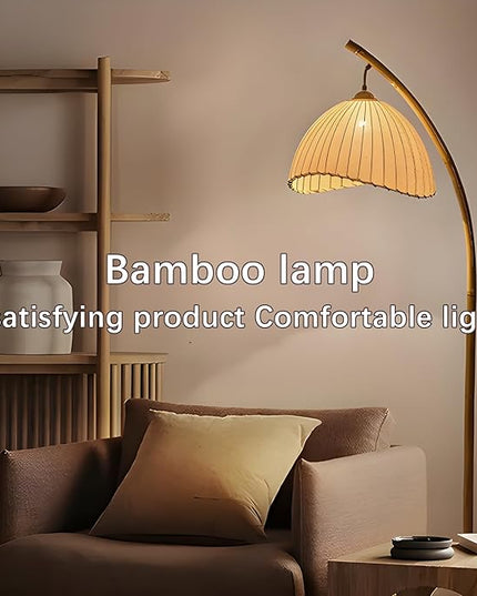 Vintage Bamboo Floor Lamp, Unique Bohemian Arc Floor Lamp, Vine Style, Restaurant Vertical Light, Farmhouse Study Living Room, Marble Base Light Living Room Corner - LeafyLoom