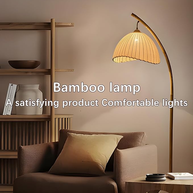 Vintage Bamboo Floor Lamp, Unique Bohemian Arc Floor Lamp, Vine Style, Restaurant Vertical Light, Farmhouse Study Living Room, Marble Base Light Living Room Corner - LeafyLoom