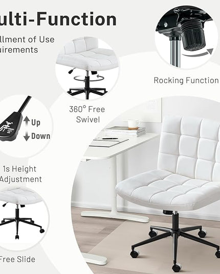 Furniliving Home Office Desk Chair with Wheels,Criss Cross Legged Wide Chair Armless Height Adjustable Chair with Mid Back PU-Padded Swivel Accent Vanity Chairs,IvoryWhite - LeafyLoom