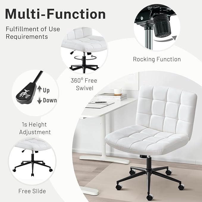 Furniliving Home Office Desk Chair with Wheels,Criss Cross Legged Wide Chair Armless Height Adjustable Chair with Mid Back PU-Padded Swivel Accent Vanity Chairs,IvoryWhite - LeafyLoom