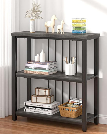 FOLUBAN 3 Tier Book Shelf, Modern Short Bookshelf for Small Space, Industrial Wood and Metal Bookcase for Bedroom, Living Room, Office (Dark Gray Oak) - LeafyLoom