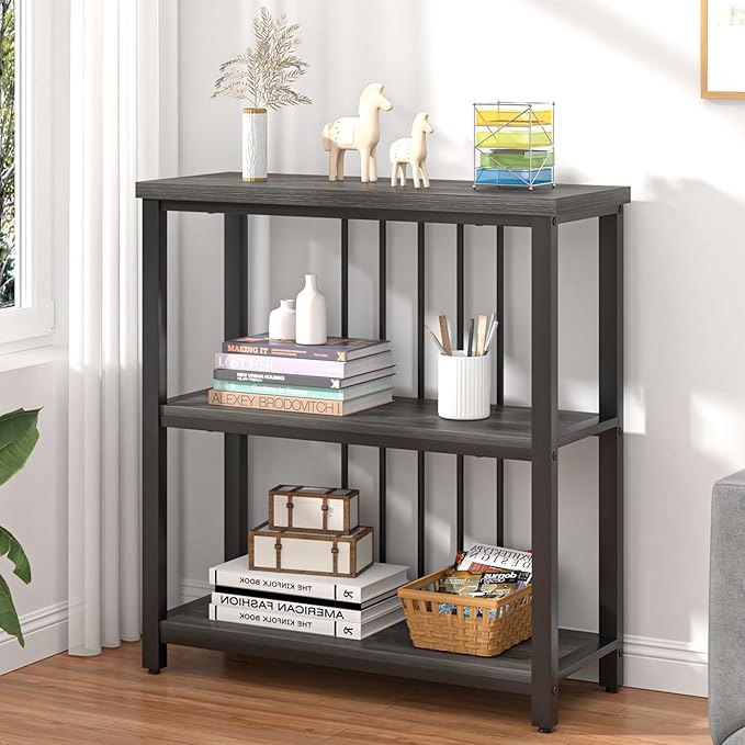 FOLUBAN 3 Tier Book Shelf, Modern Short Bookshelf for Small Space, Industrial Wood and Metal Bookcase for Bedroom, Living Room, Office (Dark Gray Oak) - LeafyLoom