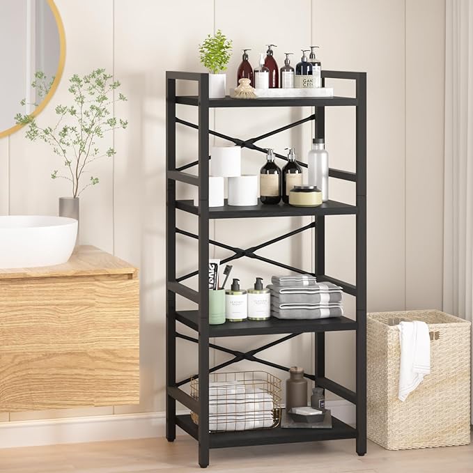 Yoobure 4 Tier Bookshelf - Small Book Shelf Industrial Bookcase, Narrow Book Case Book Storage Organizer for CD/Movie/Book, Bookshelves for Bedroom Office Living Room Black - LeafyLoom