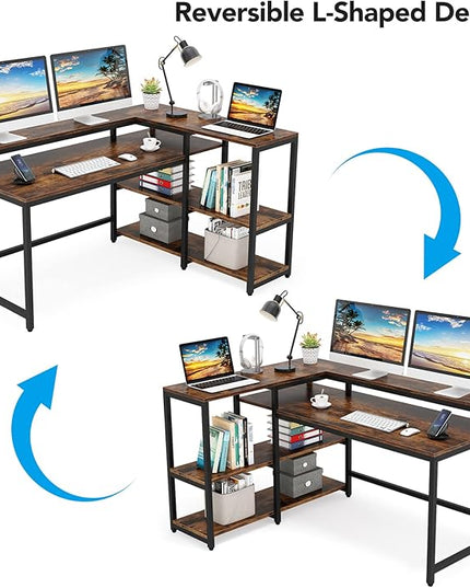 Reversible L Shaped Computer Desk with Storage Shelf, Industrial Corner Desk with Monitor Stand for Home Office - LeafyLoom