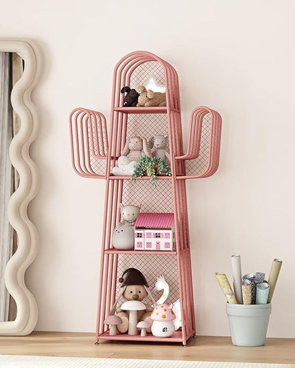 DOORXIF 4-Tier Ladder Pink Bookshelves Freestanding, Cactus Bookcase Storage Organizer Closet Corner Metal Display Cabinet, Corner Pink Bookshelf for Small Spaces, Pink Bookcase for Bedroom Office - LeafyLoom