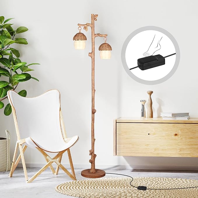 Rattan Floor Lamp with Faux Wood Finish, Boho Floor Lamps with Faux Pinecone and Leaves Decor, Brown - LeafyLoom