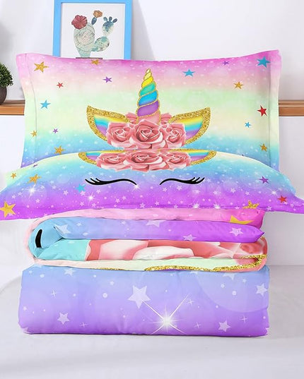 Unicorn Bedding Twin for Girls, Colorful Rainbow Comforter Set with Pink Unicorn Bedding Comforter, Cute Bed Set for Kids Teens, Ultra Soft and Fluffy - LeafyLoom