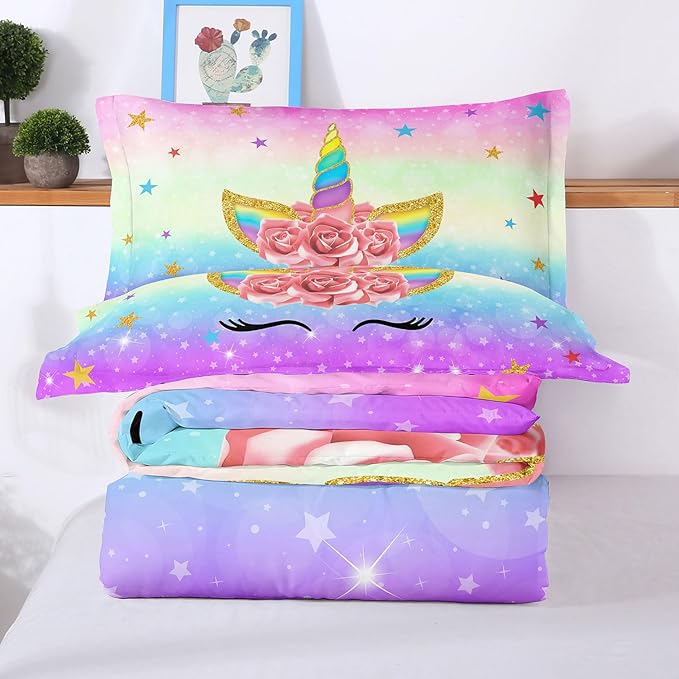 Unicorn Bedding Twin for Girls, Colorful Rainbow Comforter Set with Pink Unicorn Bedding Comforter, Cute Bed Set for Kids Teens, Ultra Soft and Fluffy - LeafyLoom