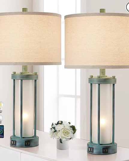 Set of 2 Rustic Table Lamps for Living Room with 2 USB Ports, Farmhouse Vintage Nightstand Lamp with White Glass Nightlight, Retro Desk Lamps for Bedroom End Table (Retro Green) - LeafyLoom