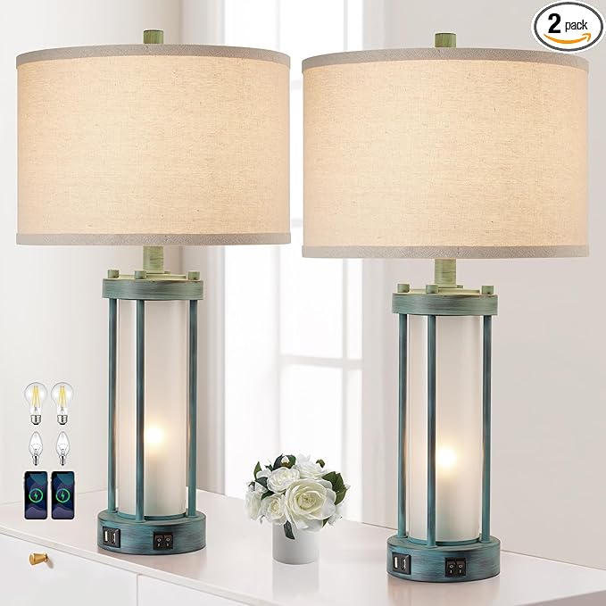 Set of 2 Rustic Table Lamps for Living Room with 2 USB Ports, Farmhouse Vintage Nightstand Lamp with White Glass Nightlight, Retro Desk Lamps for Bedroom End Table (Retro Green) - LeafyLoom