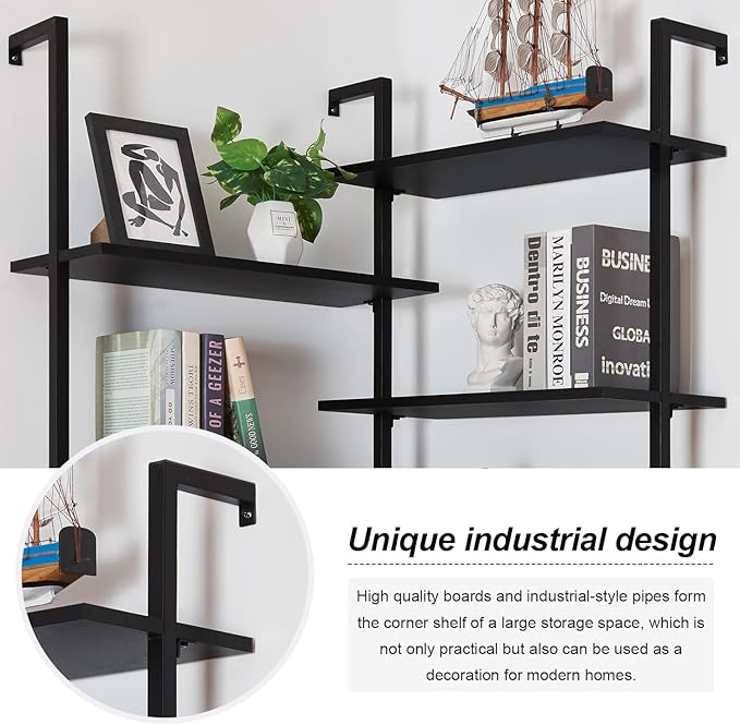 HOMISSUE Corner Bookshelf, 12-Tier L Shaped Bookshelf, Double Wide Corner Wall Mount Bookcase with Metal Frame and Wood, Modern Industrial Corner Shelf for Living Room, Kitchen, Home Office Black - LeafyLoom