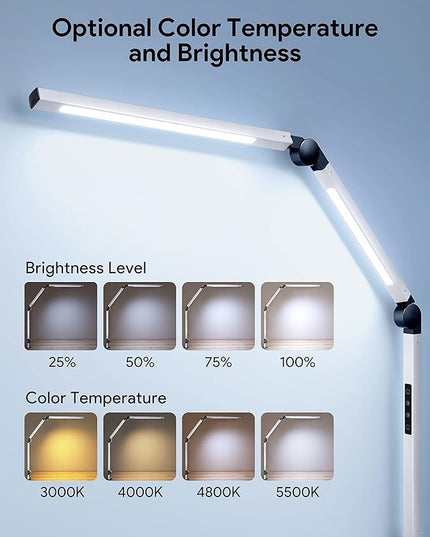 MediAcous LED Desk Lamp with Clamp, Dual Light Desk Lamp with Swing Arm, Dimmable 4 Color Modes & 4 Brightness Table Lamp, Eye-Caring Clip-on Lamp with Memory Function for Home Office, White - LeafyLoom