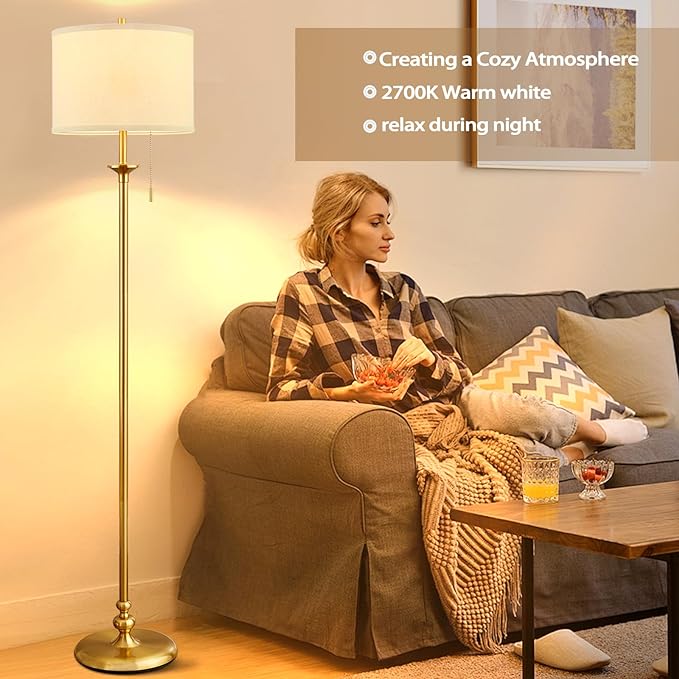 Luvkczc Modern Floor Lamp, 60" Standing Lamp for Living Room with Pull Chain Switch, Corner Tall Soft Lighting for Bedroom, Office, Dining Room, Farmhouse (Bulb Included),Gold - LeafyLoom