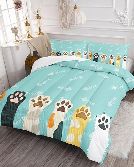 Datura home Cat Paws Comforter Bedding Set for Kids Teens,Cartoon Cat Paws and Fish Bones Pattern Lightweight Cyan Comforter with 2 Pillowcases,3pcs(Cat Paws Queen) - LeafyLoom