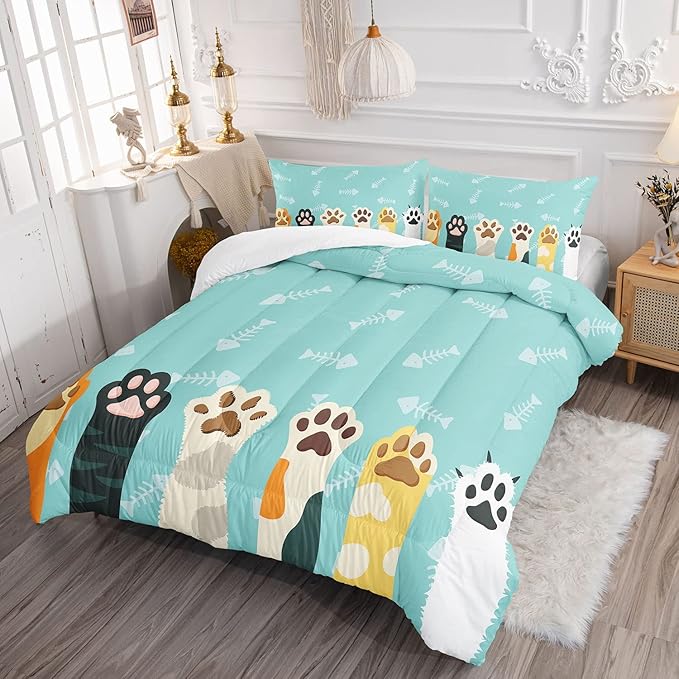 Datura home Cat Paws Comforter Bedding Set for Kids Teens,Cartoon Cat Paws and Fish Bones Pattern Lightweight Cyan Comforter with 2 Pillowcases,3pcs(Cat Paws Twin) - LeafyLoom