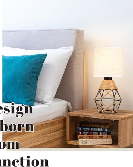 Hamilyeah Boho Table Lamps, Woven Table Lamp for Nightstand with On/Off Switch, Farmhouse Beside Lamp for Bedroom, Industrial Table Lamp for Living Room - LeafyLoom