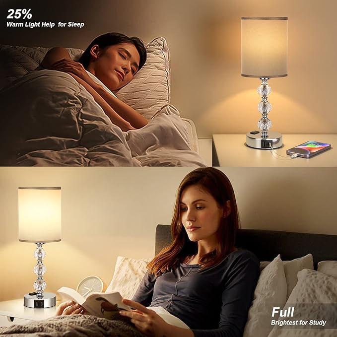 Grey Touch Bedside Lamps for Bedrooms - Crystal Table Lamp with USB C+A Charging Port and AC Outlet Nightstand, 3 Way Dimmable Silver Small End Side Table Lamp for Living/Guest/Dinning Room/Kitchen - LeafyLoom