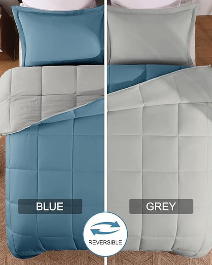 Basic Beyond Queen Comforter Set - Fluffy Comforter Queen Set for All Seasons - Reversible Blue Comforter Set Queen for Mens - 3 Pieces (1 Comforter + 2 Pillow Shams) - Blue/Grey - LeafyLoom