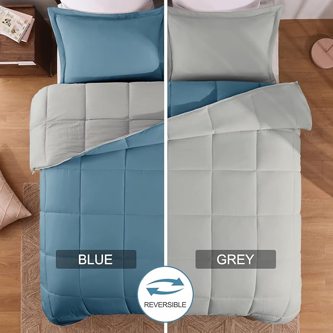 Basic Beyond King Size Comforter Set - Fluffy King Bed Comforter Set for All Seasons - Reversible Blue Comforter Set King - 3 Pieces (1 Comforter + 2 Pillow Shams) - Blue/Grey - LeafyLoom