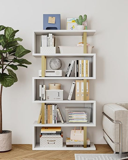 Bookshelf geometric bookcase S Shaped industrial bookshelf Storage Display Stand Shelf for Living Room Bedroom and office Room (White, 5 Tier) - LeafyLoom