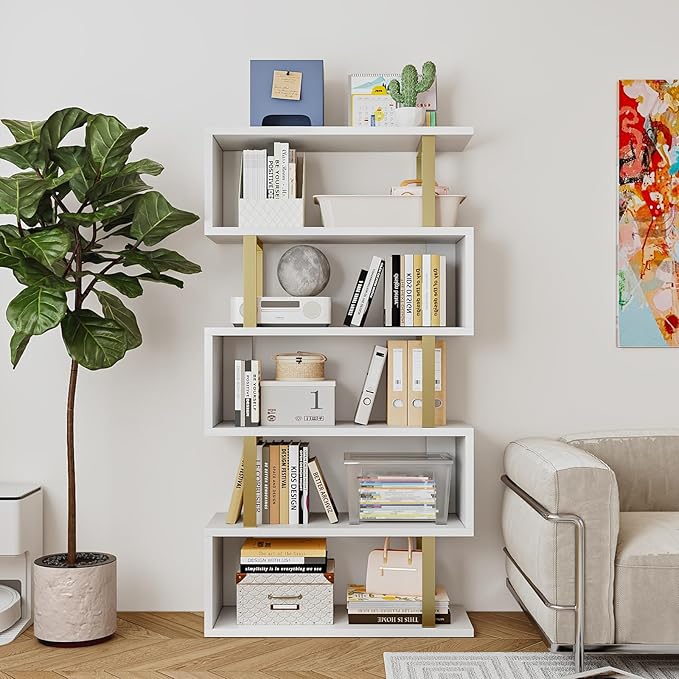 Bookshelf geometric bookcase S Shaped industrial bookshelf Storage Display Stand Shelf for Living Room Bedroom and office Room (White, 5 Tier) - LeafyLoom