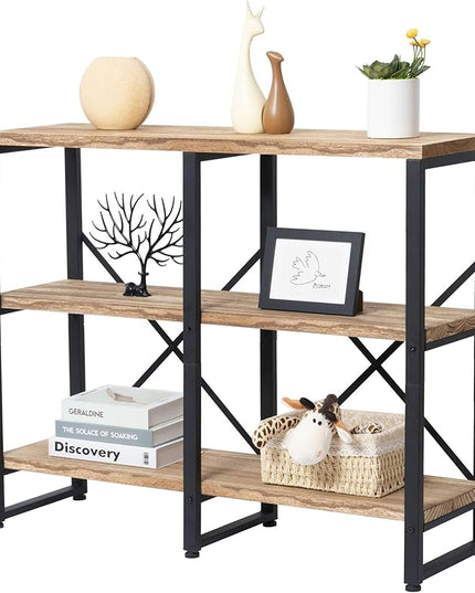 3 Tier Solid Real Wood Bookshelf Rustic Industrial Style, Wooden Storage Shelves Etagere Bookcase Book Shelf Display Shelf for Home Office - LeafyLoom