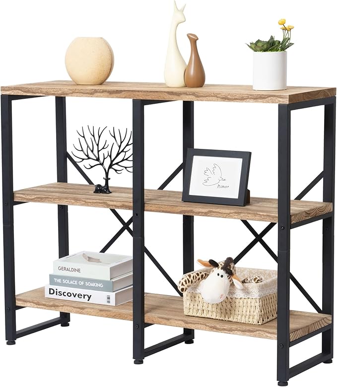 3 Tier Solid Real Wood Bookshelf Rustic Industrial Style, Wooden Storage Shelves Etagere Bookcase Book Shelf Display Shelf for Home Office - LeafyLoom