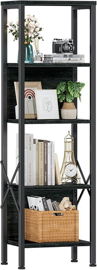 Furologee 5 Tier Tall Bookshelf with Back, Industrial Narrow Bookcase, Display Standing Shelf Units, Metal and Wood Storage Corner Shelves Organizer for Bedroom, Living Room, Entryway, Kitchen, Black - LeafyLoom