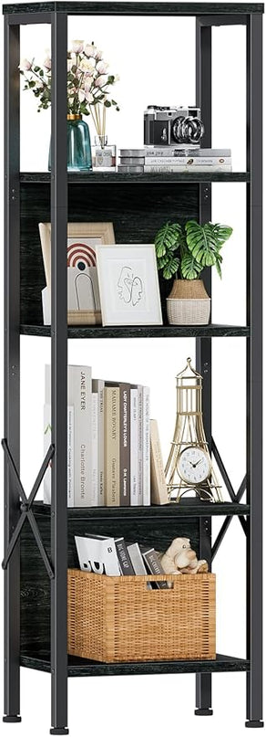 Furologee 5 Tier Tall Bookshelf with Back, Industrial Narrow Bookcase, Display Standing Shelf Units, Metal and Wood Storage Corner Shelves Organizer for Bedroom, Living Room, Entryway, Kitchen, Black - LeafyLoom
