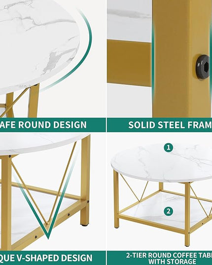 YITAHOME Round Coffee Table,Rustic Wood Coffee Tables for Living Room with Storage Shelf, Modern Farmhouse Circle Coffee Table Center with Sturdy Metal Legs Home Furniture, Gold and White - LeafyLoom