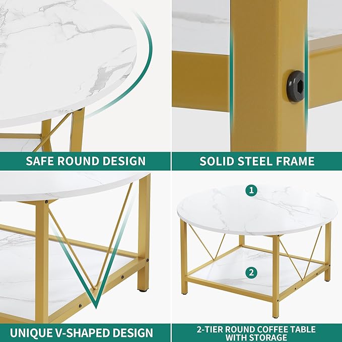 YITAHOME Round Coffee Table,Rustic Wood Coffee Tables for Living Room with Storage Shelf, Modern Farmhouse Circle Coffee Table Center with Sturdy Metal Legs Home Furniture, Gold and White - LeafyLoom