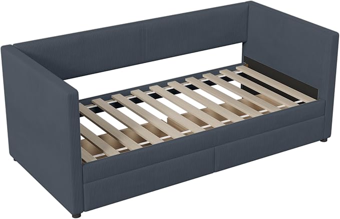 Twin Size Corduroy Pholstered Daybed with Two Drawers,Storage Sofa Bed Frame,W/Wood Slat Support,No Box Spring Needed,for Living Room Bedroom Apartment,Gray - LeafyLoom