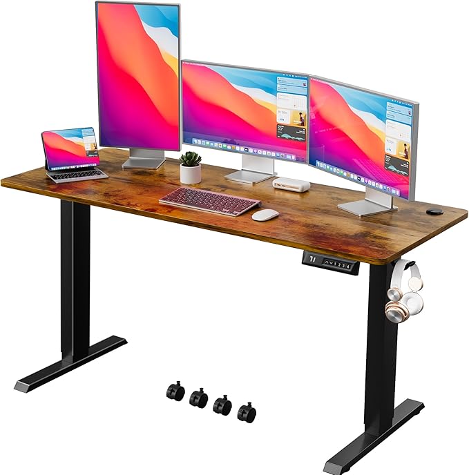 Electric Standing Desk 60 Inch, Ergonomic Height Adjustable Table with T-Shaped Metal Bracket Modern Computer Workstations for Home Office, Rustic Brown - LeafyLoom