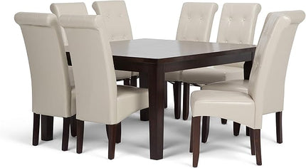SIMPLIHOME Cosmopolitan Transitional 9 Pc Dining Set with 8 Upholstered Dining Chairs in Satin Cream Vegan Faux Leather and 54 Inch Wide Table, For the Dining Room and Kitchen - LeafyLoom