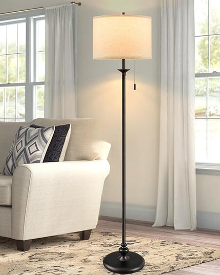Luvkczc Modern Floor Lamp, 60" Standing Lamp for Living Room with Fabric Lamp Shade&Pull Chain, Corner Tall Reading Light for Bedroom, Office, Dining Room, Farmhouse (bulb included) Black - LeafyLoom