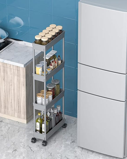 Sooyee 4 Tier Slim Storage Cart,Rolling Storage Cart,Narrow Shelf,Bathroom Rack,Mobile Shelving Unit Organizer for Kitchen, Bathroom, Laundry Room, Grey - LeafyLoom