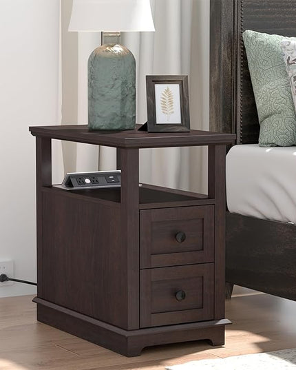 HIFYOBRO End Table with 2 Drawers, Storage Side Table with Flip Top Fast Charging Station, Type-C & USB port & Power outlets, Wooden Storage Cabinet for Living Room and Bedroom - LeafyLoom